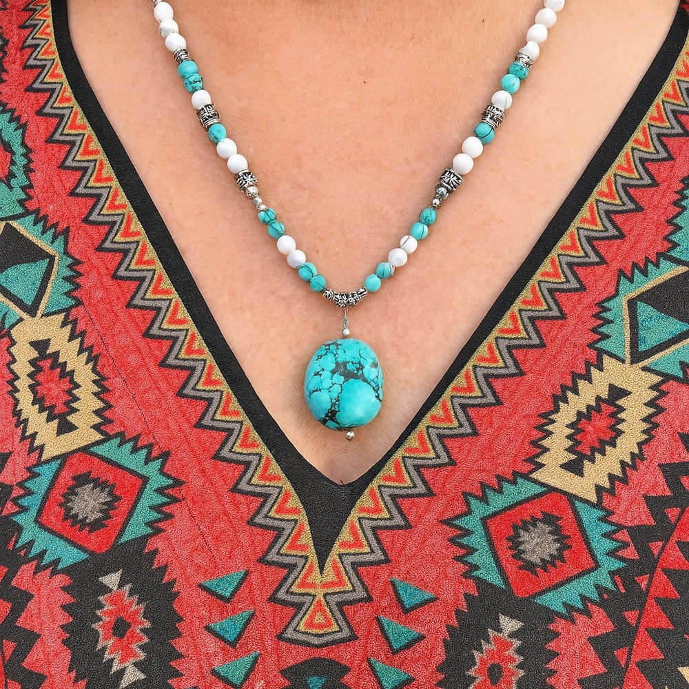 Faux Turquoise Silver Bead Necklace Pendant Howlite Fake Turquoise 20” Vintage